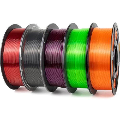 Image of IEMAI Clear PETG Filament 1.75mm 5KG Bundle, Glossy Transparent Finish 3D Printer Filament 5-Pack Smoke-Gray Orange Purple Red Fluorescent-Green for Lampshade, Creative DIY, Home Decor