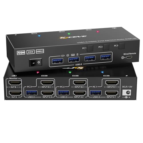 4K@60Hz KVM Switch 2 Monitors 3 Computers, HDMI KVM Switch 3 Computers Sharing 2 Monitors and 4 USB3.0 Ports, 𝐄𝐃𝐈𝐃 𝐄𝐦𝐮𝐥𝐚𝐭𝐨𝐫, With Power Adapter, Wired Remote Control and USB Cable