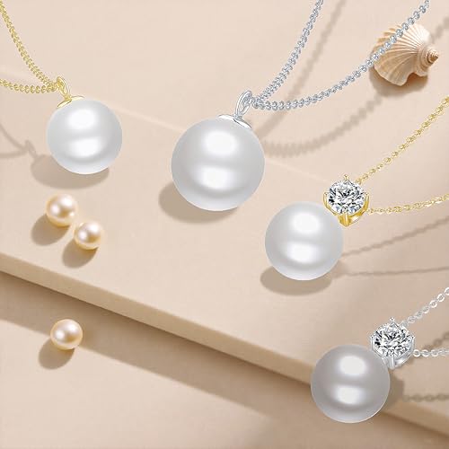 SUNFEEL 10MM Single Pearl Necklaces for Women, 925 Sterling Silver 14K Gold Plated Pearl Pendant Necklace Inlaid Cubic Zirconia Gift for Mom Wife Girlfriend Bride Wedding Dainty Jewelry, 16+2''4
