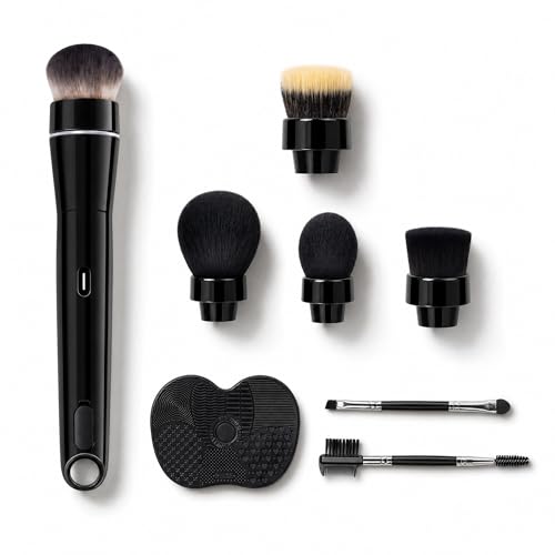 360 Rechargeable Rotating Makeup Brush Set 5 Vegan Brush Heads Electric Blending Face Brushes For Foundation Blush Powder Bronzer Contour Highlight & Airbrush Finish Flat Kabuki Brush