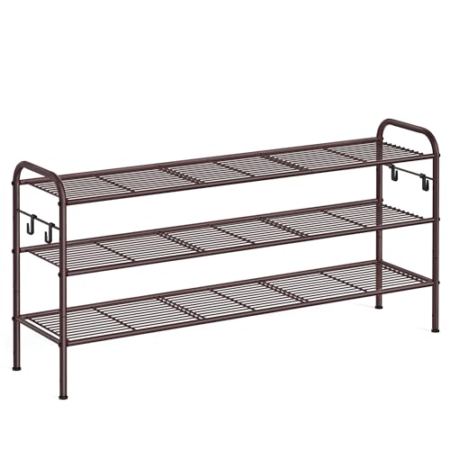 SONGMICS Shoe Rack, 3-Tier Shoe Organizer, Metal Shoe Shelf Storage with 4 Side Hooks, Holds 18 Pairs of Shoes, Height-Adjustable Shoe Rack for Entryw
