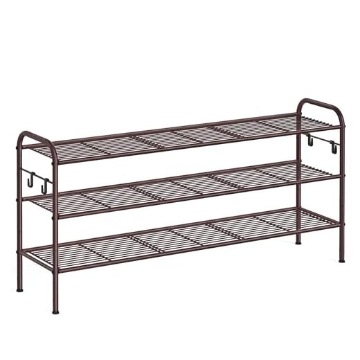 SONGMICS Shoe Rack, 3-Tier Shoe Organizer, Metal Shoe Shelf Storage with 4 Side Hooks, Holds 18 Pairs of Shoes, Height-Adjustable Shoe Rack for Entryway, Hallway, Closet, Chestnut Brown ULMR131A01