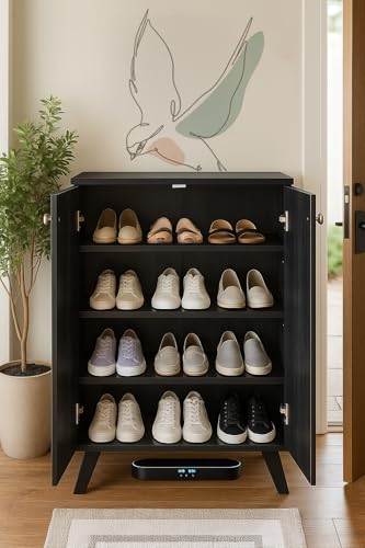 Image of 2-Door Engineered Wood Shoe Rack, 4-Tier Wooden Shoe Rack for Entryway, Shoe Storage Cabinet with Doors Adjustable Shelves, Wooden Shoes Rack Organizer (Dark Walnut, 4 - Tier)