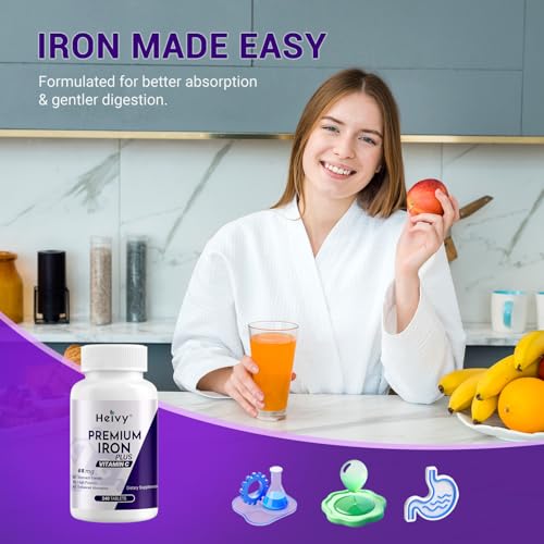 Image of Heivy Ferrous Sulfate 325mg, Iron 65mg, Iron with Vitamin C - High Potency Iron Supplement for Women & Men - Premium Pure Ingredients, Gentle on Stomach, 240 Tablets, Made in USA