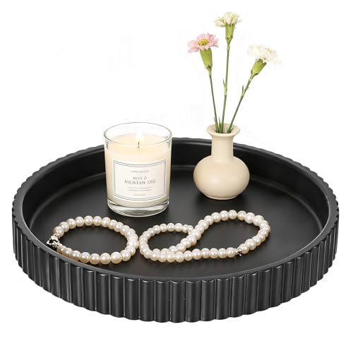 Deko Tablett Rund, Ø 21.5 cm Großes Keramiktablett, Ablageschale für Kerzenteller, Handy, Geldbörse, Kosmetik, Rundes Dekotablett Geeignet für Wohnzimmer, Küche, Schlafzimmer, Badezimmer (schwarz)