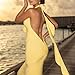 Women Sexy Backless Dress Halter Deep V Neck Detachable Flower Sleeveless Open Back Maxi Dress Cocktail Prom Formal Dresses (Yellow,M)