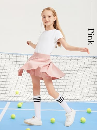 Eisnnu Mädchen Rock Kinder Tennisrock mit Shorts Elastische Taille A Linie Dehnbarer Kinder Freizeitröcke Minirock Schuluniform(12-14Jahre,Rosa,M)