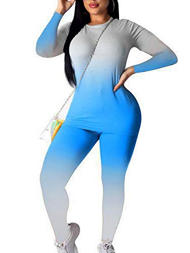 Womens 2 Pieces Sports Outfit Gradient Tracksuit Long Sleeve Shirts Tops and Long Skinny Pants Set Jumpsuits