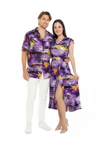 Image of Matchable Couple Hawaiian Shirt or Wrap Dress Signature Prints Sunset | Sold Individually; Soft Rayon Fabric; Lightweight Comfort; Signature Tropical Prints; Vacation Ready