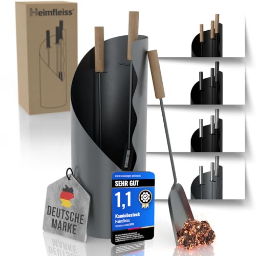 Heimfleiss® Kaminbesteck Modern Grau | Ofenbesteck Kaminbesteck Set | Hochwertiges Kaminset aus Schürhaken & Kehrset | Kaminzubehör mit Holzgriff | Kaminofen Besteck Anthrazit | Kamingarnitur für Ofen
