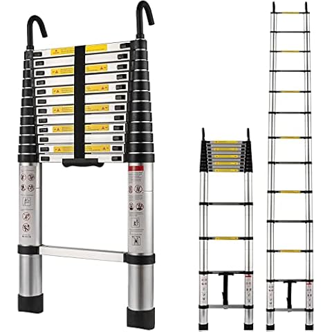 SHZOND 12.5FT Aluminum Telescopic Extension Ladder 330 LBS Capacity Telescoping Ladder Multi Purpose Extension Ladder with with 2 Detachable Hooks and Spring Loaded Locking (12.5FT) Cover