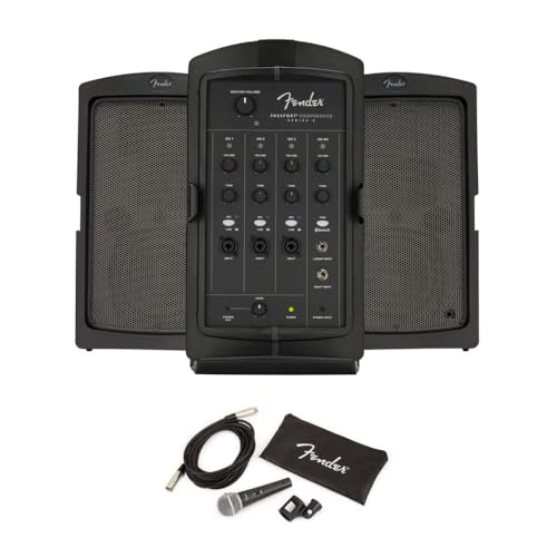 Fender 6942000000 Passport Conference Series 2 Portable Powered PA System Bundle with Fender P-52S Microphone Kit, Black