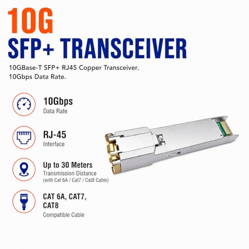 Image of Elfcam - 10Gb SFP+ to RJ45 Copper Transceiver Module, 10Gbase-T 30m, Up to 30 Meters on Cat.6A Cat7 Cat8 Ethernet Cable, Compatible with Cisco SFP-10G-TS and Open Switch