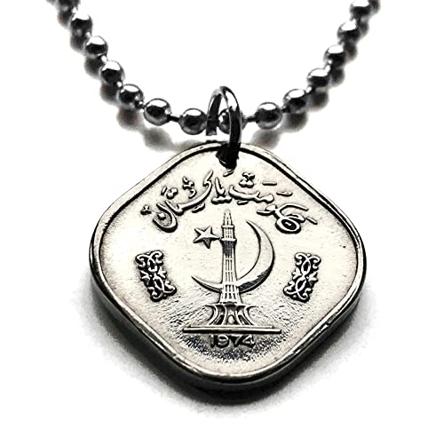 1974 Minar-e Pakistan 5 Paisa coin pendant crescent moon green star Lahore Karachi Islamabad Faisalabad Rawalpindi Gujranwala Peshawar Multan Hyderabad Sindh Punjabi Bahawalpur Sargodha Islam n002431