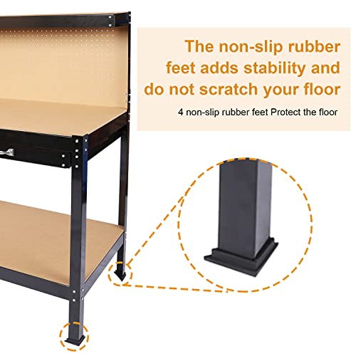 Workbench, Steel Garage Workbench, Tool Storage Work Bench Workshop Tools Table with Drawer and Peg Board, Load Bearing 300 Lbs, Suitable for Garage Shop Home Garage Office Use (55" x 45.3" x 21.7")