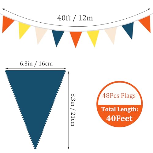 Image of 40Ft Retro Blue Orange Yellow Beige Fabric Bunting Banner Pennant Hanging Party Decorations Triangle Flag Garland for Boho Sunshine Theme Gender Reveal Birthday Here Comes the Son Baby Shower Decor
