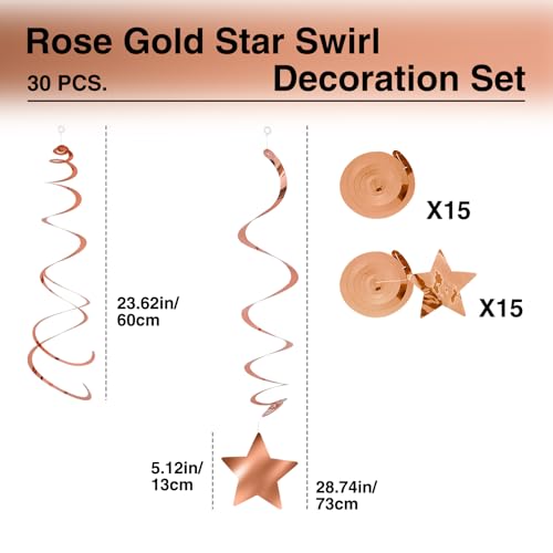 Image of Rose Gold Star Swirl Hanging Decorations - 30 Pack Metallic Foil Ceiling Streamers with Hooks for Birthday Party, Wedding, Baby Shower, Celebration Decor