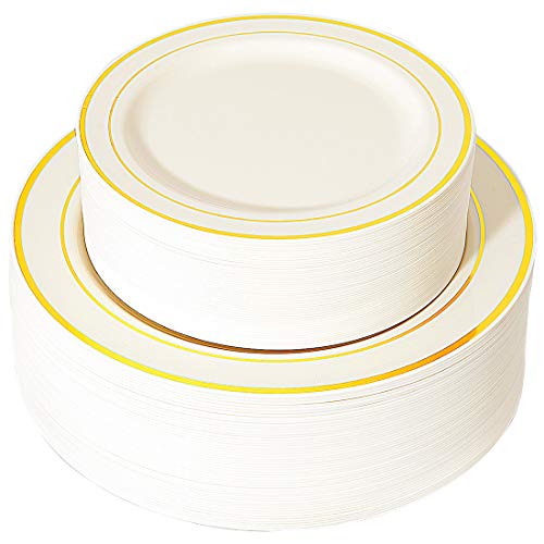 WDF 102 pieces Gold Plastic Plates- Ivory with Gold Rim Disposable Party Wedding