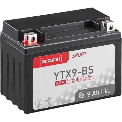 accurat Motorradbatterie YTX9-BS AGM 12V 9Ah Roller Batterie Motorrad Moped Mofa 8Ah