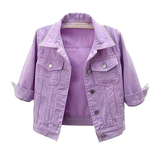 Denim Jacket for Women 3/4 Sleeve Colored Cropped Button Down Coat 2025 Fall Casual Plus Size Light Weight Shirt