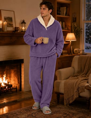 Image of Mens Fluffy Coral Fleece Pajamas Set Pullover Pants Loose Plush Warm Loungewear Sleepwear
