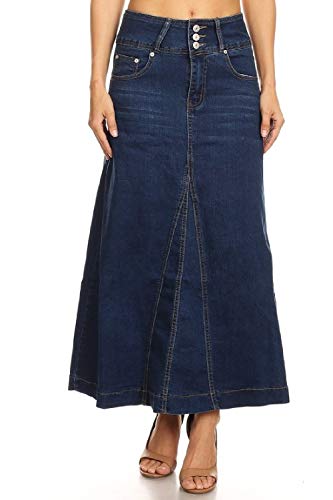 Women's Juniors High Rise A-Line Long Jeans Maxi Flared Denim Skirt in Blue Size XL