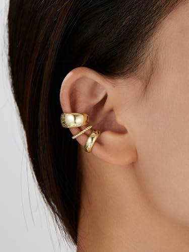 Ear Cuffs Non Piercing Chunky/Thin 14K Gold Plated Ear Cuff Earrings for Women Dainty Cuff for Non Pierced Ears Gold Clip on Cartilage Earring Fake Piercings 6PCS4