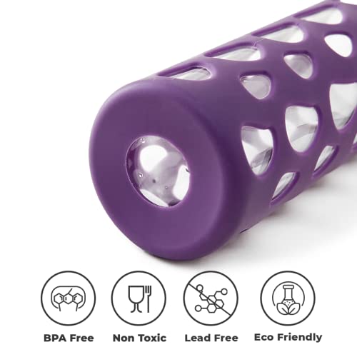 Image of The Better Home Borosilicate Glass Water Bottles 550ml, Pack of 2 with Silicone Sleeve & Bamboo Lid, Fridge Bottles for Home & Office, Purple