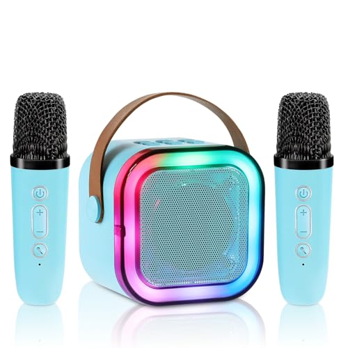 Aischens Mini Karaoke Infantil con 2 Micrófonos Inalámbricos, Karaoke Bluetooth Portátil con Luces LED para Niños y Adultos, Micrófono Karaoke Juguete con Efectos de Cambio de Voz, Regalos para Niños