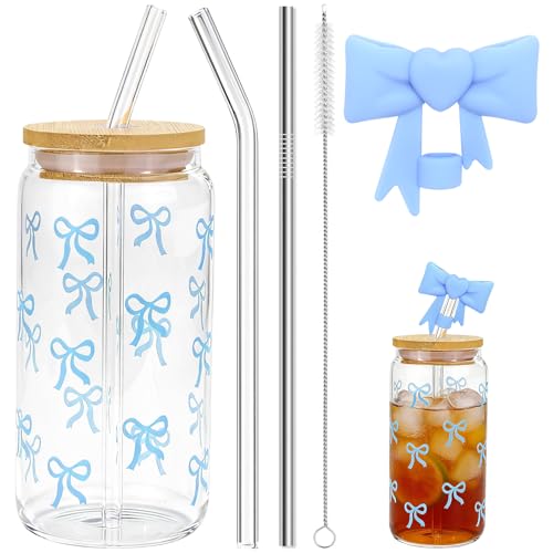 UGBO Trinkgläser mit Deckel und Strohhalm Glass Tumbler 16 oz Bubble Tea Becher Eiskaffee Gläser Bow Glasbecher Trinkbecher für Tee Iced Coffee Cocktails Teenager Mädchen Geschenke Blau