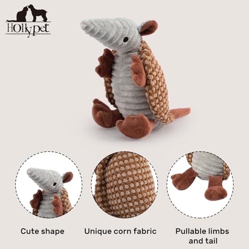 Image of Hollypet Plush Dog Squeaky Toy Stuffed Armadillo Animal Pet Puppy Chew Toys with Clean Teeth for Small Medium Large All Breed Sizes Dogs, Brown and Bronze,8 in