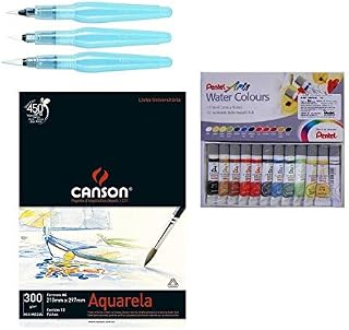 Kit Papel Canson Aquarela + Aquarela Pentel tubo 12 cores + Kit pincel Pentel