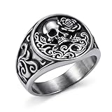 ELFASIO Men's Skull & Rose Ring, Vintage Gothic Biker Ring, 316L Stainless Steel Punk Rock Jewelry for Halloween, Birthday, Father's Day Gifts Size 11