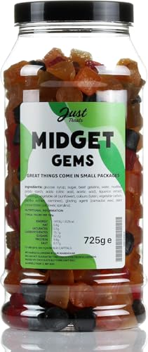 Just Treats Lion Midget Gems Retro Sweets Gift Jar 725g The Original Firm Traditional Recipe Fruit & Liquorice Chewy Gums Nostalgic Sweet Gift Made in the UK