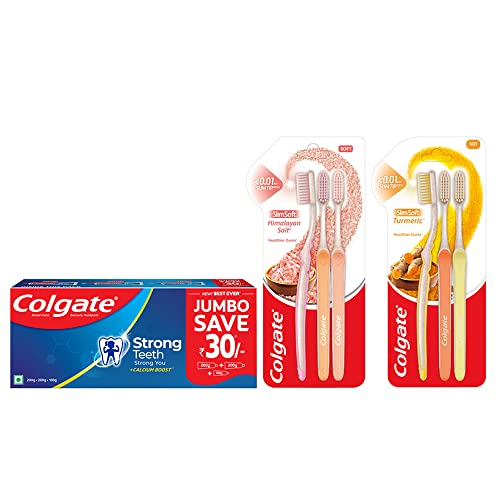 Image of Colgate Strong Teeth Cavity Protection Toothpaste, 500gm and Colgate Slim Soft Turmeric Toothbrush and Slim Soft Himalayan Salt Toothbrush (Pack of 6)