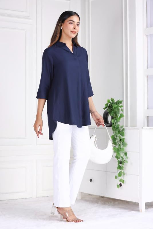 Image of Mlada Rayon Flare Top for Women | 3 /4th Sleeve Regular Fit and Flare Top | Women Office Tops Tunic | Western Long Shirt Top for Women | Shirt Collar Top for Women | Rayon Tunic Tops for Women Western