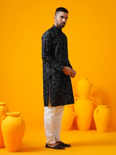 Sojanya (Since 1958 Men's Cotton Silk Kantha Thread Embroidered Black Long Kurta