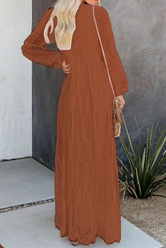 Image of LRISES Women V Neck Fall Floral Lace Maxi Wedding Dress Long Sleeve Wedding Guest Formal Party Dresses Orange