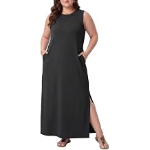 OLRIK Plus Size Sleeveless Maxi Dress Summer Casual Side Slit Crew Neck Sundress Long Beach Dress with Pockets