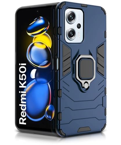 Image of WOW IMAGINE Shock Proof Back Case Mobile Cover for Redmi K50i 5G | Back Cover Case (Tough Armor | Hybrid PC + TPU | Ring Holder & in-Built Kickstand | Blue)