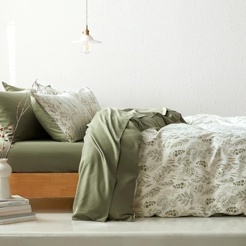 Image of Floral Duvet Cover Queen Size Reversible Olive Green Botanical Flower Bedding Set 3 Pieces Vintage Aesthetic Soft Lightweight Comforter Cover Set for Women Girls with 2 Pillowcases