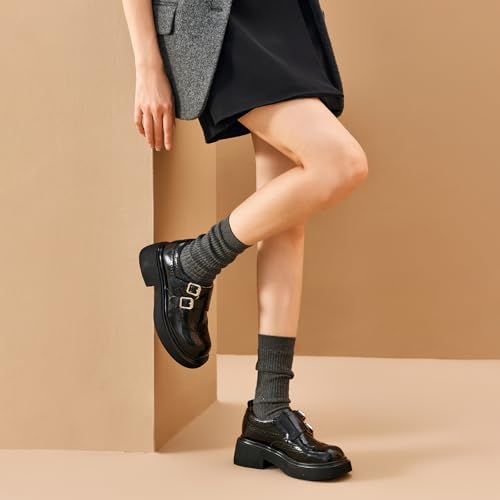 Image of BEAU TODAY Womens Leather Loafers, Monk Strap Womens Loafers, Business Casual Office Shoes, Brogue Wingtip Slip-on Dress Shoes