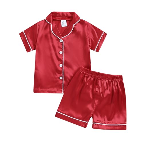 Multitrust Baby Girls Boys Silk Pajamas Set Solid Short Sleeve Button Down Shirts Tops and Shorts Infant Satin Pj Lounge Sets (Red 5-6 Years)