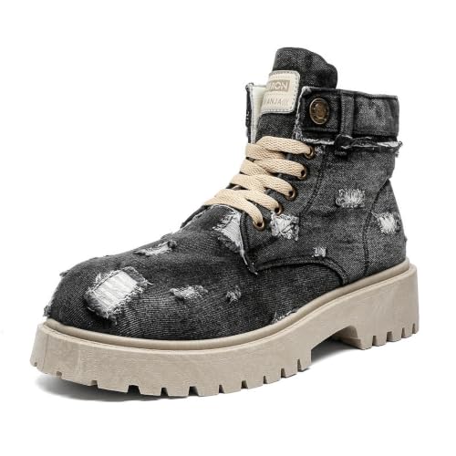 BNXLKLEP Men Platform Denim Combat Boots Round Toe LaceUp Chunky Lug Sole Work Boots (9,Black-2)