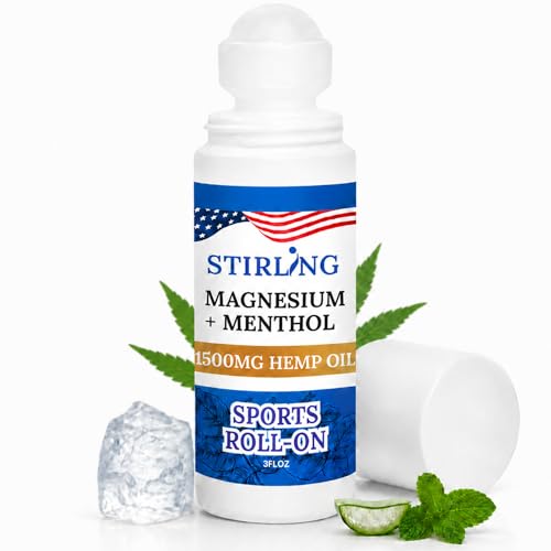 Stirling Menthol Roll On Lotion with Magnesium and 1500mg Pure Hemp - Non-GMO, THC-Free - Fast-Acting Relief for Sore Muscles and Joints, Reduces Swelling and Redness, Promotes Post-Workout Recovery