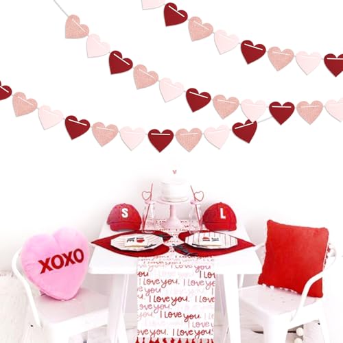Image of Galentines Party-Decorations Valentines Day Heart-Garland - 52ft Burgundy-Red Rose-Gold Streamers Paper Banner, Pink Anniversary Baby Shower Wedding Hanging Decor Hugfond