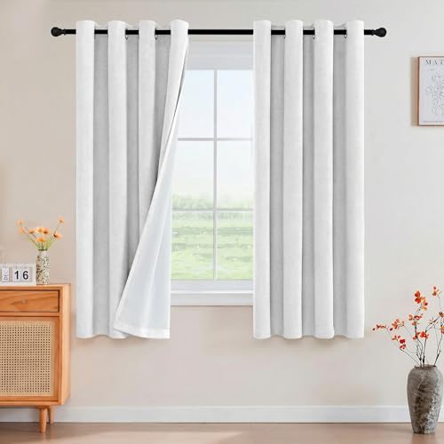 Image of PrinceDeco Blackout Curtains Linen Blended 63 Inch Long Room Darkening Black Out Curtains for Living Room with Natural Slubs & Grayish (Not Solid) Thermal Insulated Grommet 2 Panels,Heathered White