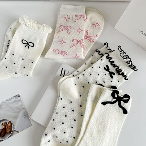 Image of Starella Women's Cute Bow Ruffle Frilly Socks Lace Polka Dot Casual Crew Sock for Flats 4 Pairs