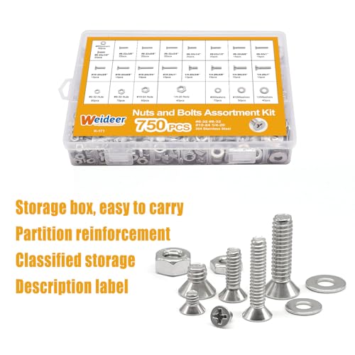 weideer 750PCS Nuts and Bolts Assortment Kit,Stainless Steel Machine Screws, #6-32#8-32#10-24#1/4-20Phillips Flat Head Screws Assorted with Nuts, Bolts,Washers