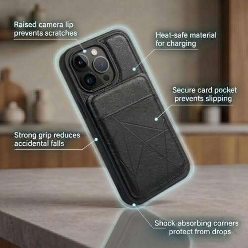 Image of amazon basics Premium Vegan Leather Back Cover with Card Holder and Integrated Mobile Stand for iPhone 14 Pro - Slim Shockproof Wallet Case with Geometric Stitching [Black]